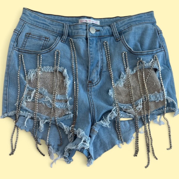 Distressed Denim Shorts with Rhinestone Chain Details - Picture 1 of 5